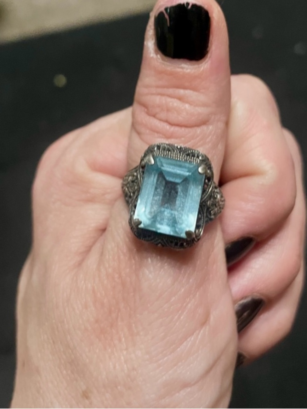Vintage Style Art Deco Filigree Blue Gemstone Sterling Silver Ring- Size 7